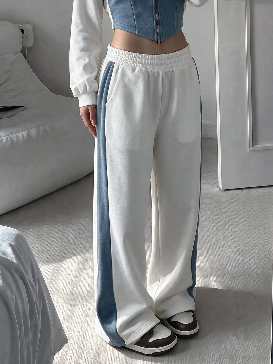 Aidyla Women's Long Colorblock Pocket Casual Daily Home Wear White Versatile Sweatpants - Multicolor - View 1