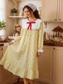 Tulorae Women's Spring/Autumn Long Sleeve Cherry Print Sweet Korean Style Pajama Set - Yellow - View 3