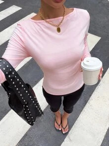 Muchica Fashion Basic Sage Green Boat Neck Knit Long Sleeve T-Shirt For Women, Suitable For Daily Commute, Streetwear, Party, Autumn/Winter - Pink - View 4