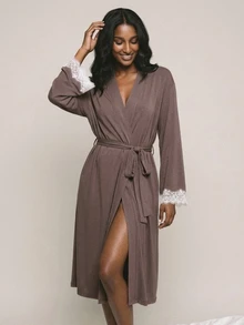 Livesso Women's Contrast Lace Cuff & Waist Tie Nightgown - Coffee Brown - View 6