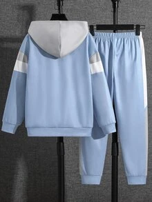 SHEIN 兒童 2 件組青少年男孩休閒極簡長袖連帽舒適運動衫套裝，適合秋冬，經典復古色塊拼接印花圖案，適合學校、開學季、家庭聚會、生日派對、拍照、度假、假期，運動風，舒適 - 彩色 - 查看 3