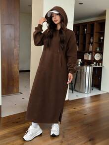 SHEIN EZwear Gray Casual Long Hooded Sweatshirt, Autumn/Winter,Long Sleeve Tops - Brown - View 6