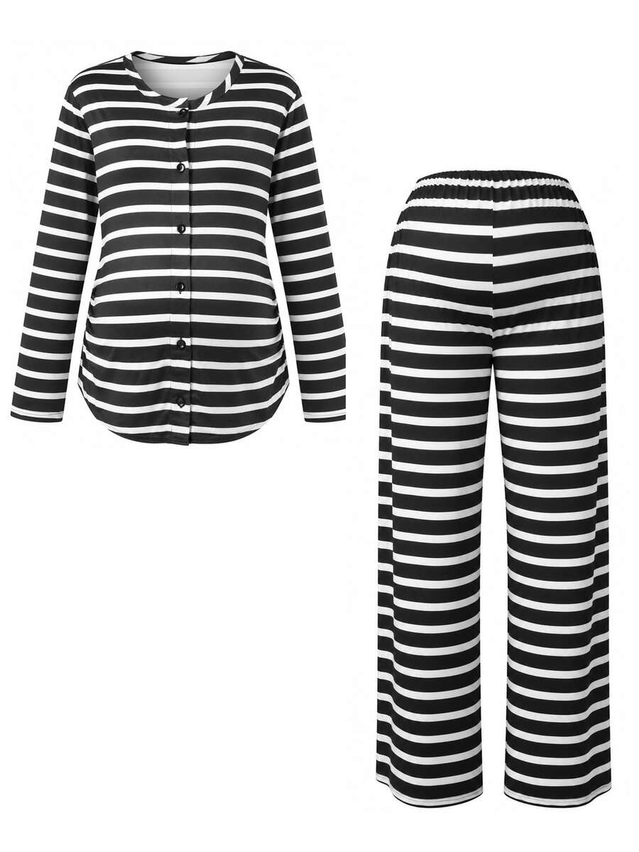 Moonlight&Mama Comfortable Soft 2-Piece Set, Striped Top + Long Pants Casual Maternity Pajamas For Home And Outings - Multicolor - View 1