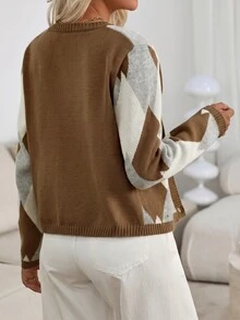 Pariaura Women's Spring Autumn Casual Preppy Vintage Colorblock Diamond Pattern Cardigan Fall Winter Cloth For Women Brunch Office Business White - Coffee Brown - View 2