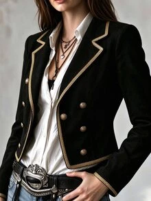 SHEIN European And American Casual Jacket With Gold Lace Patchwork, Button Decoration, Long Sleeve - Black - View 5