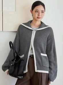 Dazy-Less Women's Grey Round Neck Button Cable Knit Long Sleeve Slim Fit Ribbed Cardigan, Autumn/Winter - Grey - View 4