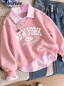 SHEIN Sparklyn 青少年女孩秋季休閒大學風 2 合 1 領口襯衫領運動衫，數字與字母印花豹紋寬鬆保暖上衣 - 粉色 - 查看 1