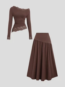 Sweetra Women's Solid Color Contrast Lace Asymmetrical Shoulder Long Sleeve Top And Skirt Fashion Two Pieces Set - Brown - View 3