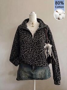 SHEIN EZwear 80%棉女款休閒寬鬆半拉鍊豹紋運動衫，2026秋冬女裝，休閒Y2K通勤穿搭，基礎款牛仔女郎復古開學外出校園風杏色系 - 彩色 - 查看 6