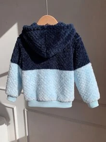 SHEIN 中性嬰兒男/女嬰秋冬保暖內裡加厚拼色拼接連帽外套，嬰兒男童秋冬服飾，復古風 - 藍色 - 查看 2