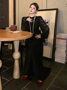 DAZY Gaun Pesta & Perjalanan Kasual Patchwork Renda Wanita - Hitam - View 4