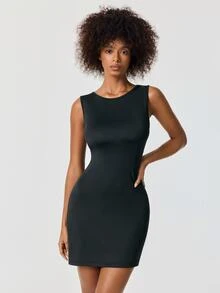 SHAPORA Solid Color Backless Square Neck Cami Casual Dress Women Nightgown - Black - View 3