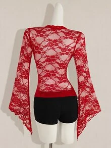 SHEIN ICON 女款時尚黑色V領蕾絲上衣，飄逸喇叭袖性感上衣 - 紅色 - 查看 2