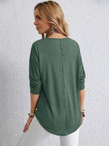 EMERY ROSE Plus Size Fall Women Solid Round Neck Long Sleeve Casual T-Shirt,Spring/Summer/Vacation - Dark Green - View 1