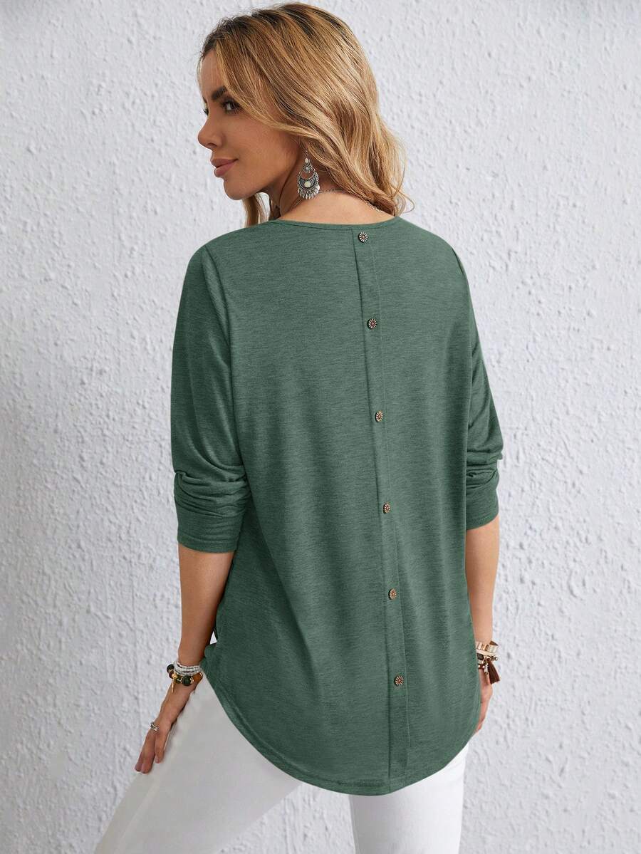 EMERY ROSE Plus Size Fall Women Solid Round Neck Long Sleeve Casual T-Shirt,Spring/Summer/Vacation - Dark Green - View 1