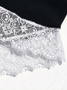 SHEIN 女款蕾絲拼接休閒百搭日常穿著辦公室長袖針織衫 早午餐黑色秋季文藝風 - 黑色 - 查看 6