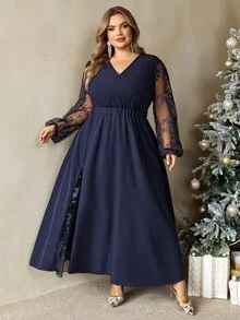 SHEIN CURVE+ Plus Size Women's Fall Patchwork Embroidered Meshv V-Neck Elegant Autumn Wedding Formal Navy Dress - Navy Blue - View 3