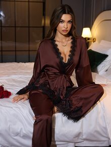 SilkySpell Women's Lace Patchwork Satin Long Sleeve Pants Pajama Set - Coffee Brown - View 1