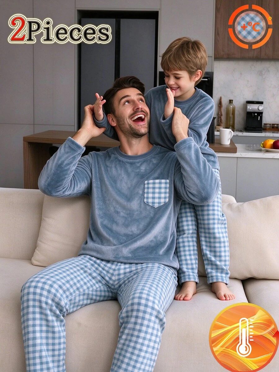 青少年男孩對比口袋格紋長袖褲子保暖內裡加厚保暖睡衣套裝 秋冬抓絨內裡加厚款 - 藍色 - 查看 1