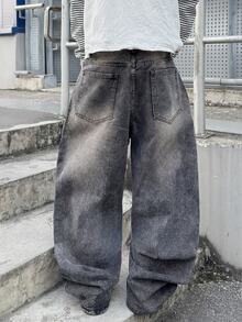 STEELVANCE Street Vintage Fashion Versatile Distressed Washed Cat Whisker Contrast Stud Design Loose Straight Leg Wide Leg Casual Denim Jeans (Belt And Accessories Not Included) - Black - View 2