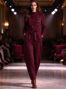 SHEIN Women's Regular Long Sleeve Long Pants Jumpsuit, Stand Collar Design, Napoleon Ribbon Button Design, Back Center Zipper, Waist Design, Hand Pockets, Curved Leg Design, Tapered Leg Design, Novel And Fashionable, Elegant, Sexy, Suitable For Dating, Gathering, Commuting, Party. - Red Violet - View 3