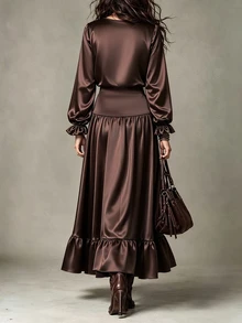 LUMIGAL Women's V-Neck Ruffle Long Sleeve Top And Skirt Casual Set - Brown - View 2