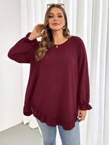 Shapeblank Plus Size Women's Spring/Autumn Fashion Casual Loose Comfortable Daily Basic Versatile Slimming Ruffle Hem Black Long Sleeve Shirt, - Burgundy - View 6