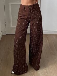 DAZY Women's Loose Wide Leg Casual Denim Jeans With Pockets And Rhinestone Embellishment - Brown - View 3
