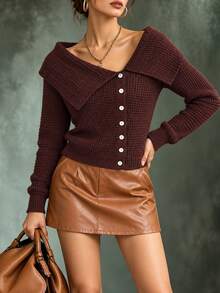 SHEIN كارديجان نسائي محبوك بأكمام طويلة وياقة غير متماثلة مع طية صدر وأزرار بلون بني محمر سادة لفصل الخريف/الشتاء - بني مصدي - مشاهدة 4