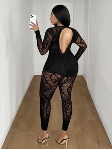 Maweii Plus Size Women's Mesh Patchwork Sexy Casual Tight Jumpsuit - Black - View 6