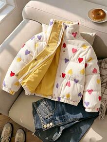 SHEIN Elladie kids 女童冬季甜美風白色立領愛心印花燈芯絨加厚棉襖外套，對比色內裡、鈕扣開合 - 彩色 - 查看 3