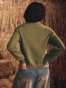 SHEIN Women's Autumn/Winter Solid Color Hand-Embroidered Napoleon Button Knit Cardigan With Zipper, Half-High Stand Collar, Vintage Elegant Sweater Jacket - Green - View 2