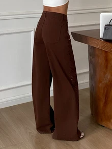 DAZY Women's Loose Wide Leg Casual Denim Jeans With Pockets And Rhinestone Embellishment - Brown - View 5