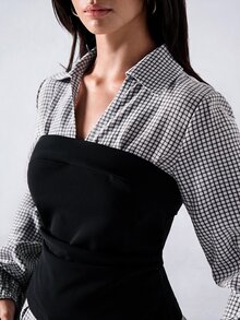 LYSMO Colorblock Patchwork Plaid Cinched Waist Shirt - Black - View 6