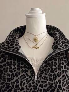 SHEIN EZwear 80%棉女款休閒寬鬆半拉鍊豹紋運動衫，2026秋冬女裝，休閒Y2K通勤穿搭，基礎款牛仔女郎復古開學外出校園風杏色系 - 彩色 - 查看 3