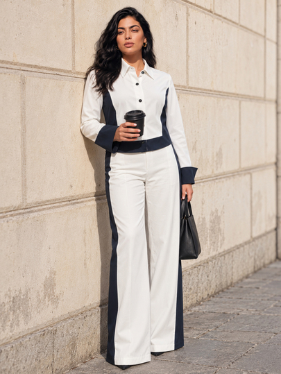 Velvienne Plus Size Women's Woven Regular Fit Autumn/Winter Party Elegant Luxury Fashion European & American Style Silver Shiny Loose Long Sleeve Blazer & Draped Wide Leg Pants 2 Pieces Set