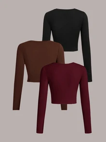 SHEIN EZwear 3件組女款純色圓領長袖休閒百搭T恤 - 彩色 - 查看 2