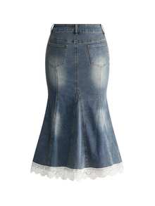 Sweetness Women's Casual Sweet Lace Trim Hem Elastic Mermaid Denim Skirt - Medium Wash - View 2