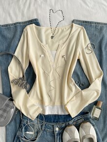 Attitoon Women's Button Half-Placket 2 In 1 T-Shirt - Light Yellow - View 2