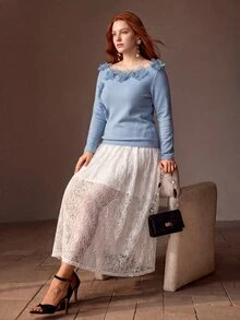 MOTF PREMIUM PLUS SIZE WOMEN'S AUTUMN/WINTER KNIT 3D FLORAL T-SHIRT - Dusty Blue - View 6