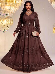 Fleurora Elegant Pink Dress Graduation Cocktail Sequin Ceremony Birthday Wedding Guest Long Party Formal Fall Christmas - Brown - View 4