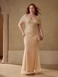 MOTF Soiréza PLUS LUXURY BEADED V-NECK MERMAID EVENING GOWN FOR RED CARPET EVENTS,FORMAL PARTIES, WEDDINGS,GALAS - Champagne - View 5