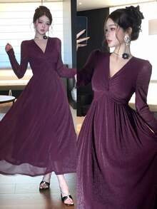 DAZY Women's Solid Color V-Neck Long Sleeve Elegant Dress - Purple - View 1