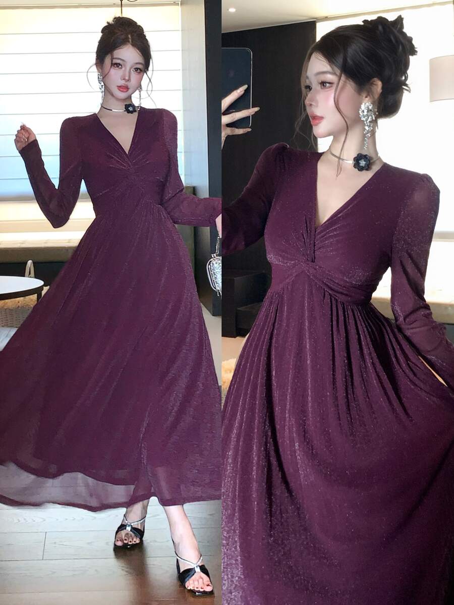 DAZY Women's Solid Color V-Neck Long Sleeve Elegant Dress - Purple - View 1