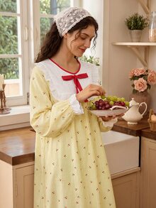 Tulorae Women's Spring/Autumn Long Sleeve Cherry Print Sweet Korean Style Pajama Set - Yellow - View 4