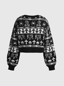 ROMWE Grunge Punk 暗黑哥德風櫻桃骷髏刺繡對比色短版寬鬆針織開襟衫 - 黑色 - 查看 2