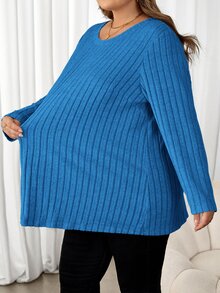 SHEIN CURVE+ 大尺碼女款字母印花拼接設計 T-shirt 藍綠色 秋季 - 寶藍色 - 查看 5