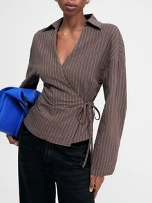 ATUI Studio Women's Striped Pleated Tie-Front Long Sleeve Blouse - Brown - View 5