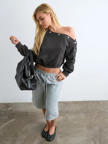 BAD SUNDAY Women's Long Sleeve Asymmetrical Shoulder Fitted Top With Metal Buckle Decor, Y2K Style, Versatile For Autumn/Winter - Dark Grey - View 4