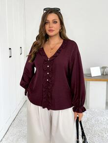Shapeblank Women's Plus-Size Spring/Autumn Fashionable, Casual, Loose, And Comfortable Everyday Blouse – V-Neck, Long-Sleeve, Ruffled, Burgundy-Purple,Outfits - Red Violet - View 2